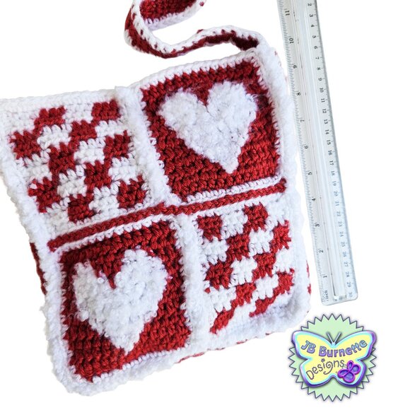 Homemade Crochet Hearts and Checks Crossbody Bag, Cute Purse - Picture 4 of 11